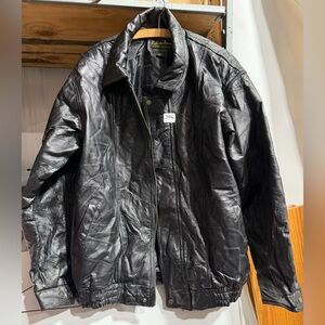 #3416-Men's Black Leather Bomber Jacket - Classic Zip Closure